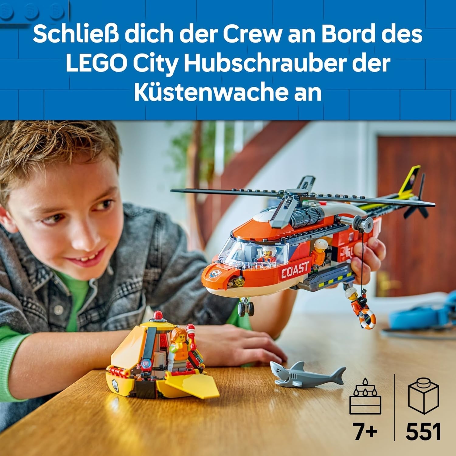 LEGO City Hubschrauber der Küstenwache - Spielzeug Einsatzfahrzeug - Modellbau mit Schiebetüren, Winde, 4 Minifiguren und Hai Figur - Geburtstagsgeschenk für Jungen ab 7 Jahren - 60503