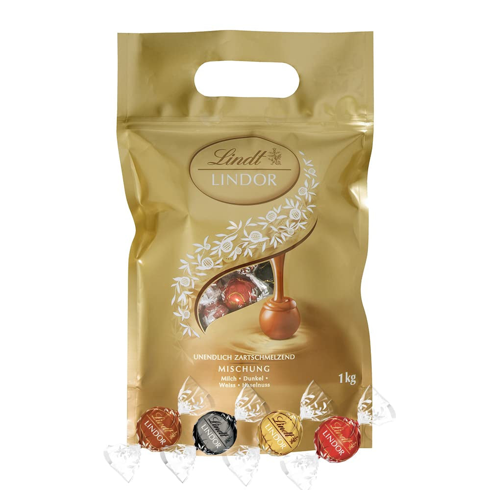 Asortyment Lindt Czekolada LINDOR | 1371 g, Klasyczny | ok. 80 kulek czekolady (mleczna, biała, gorzka 60%, orzechowa) | Opakowanie zbiorcze, 1 kg