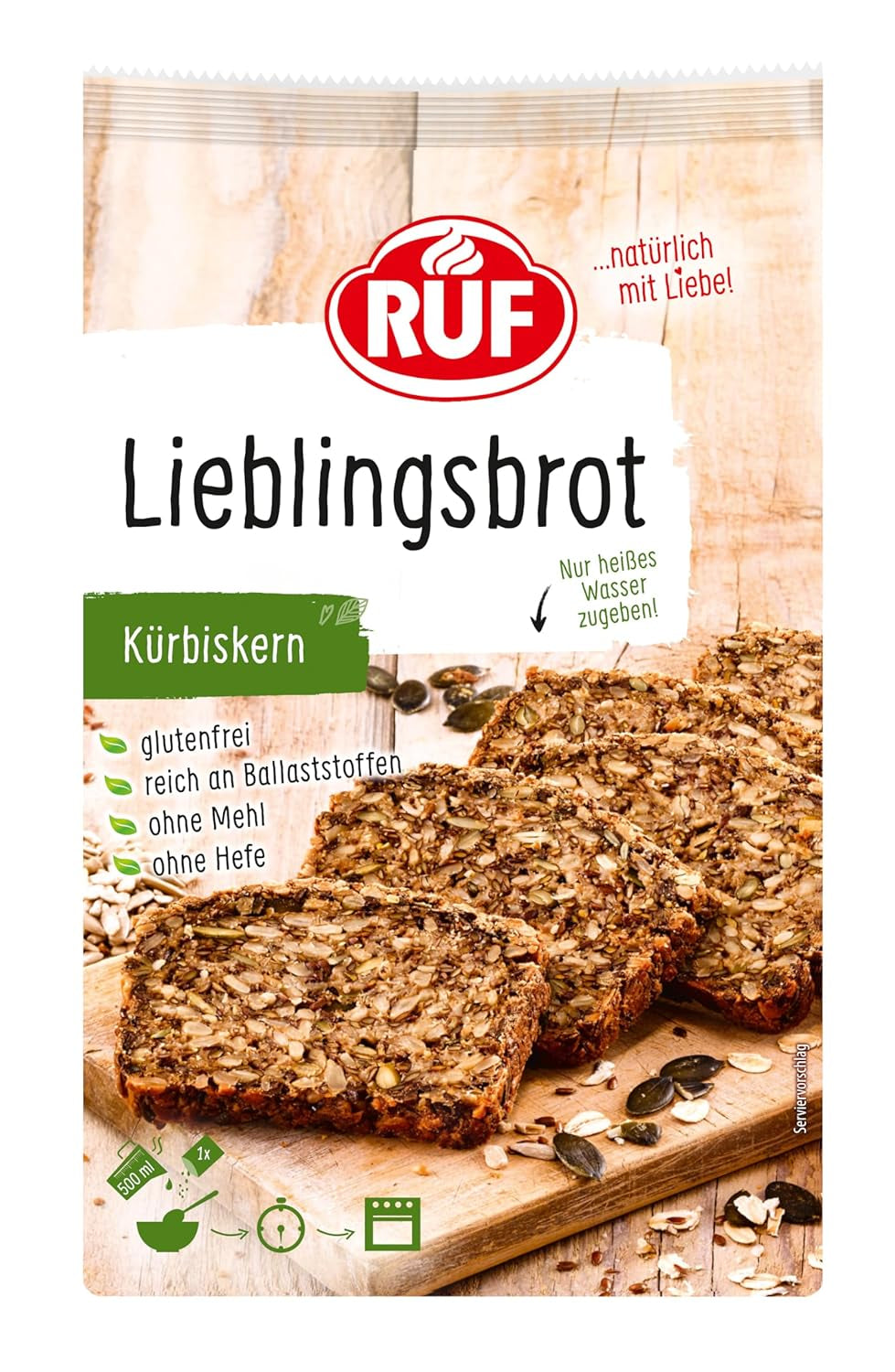 RUF Lieblingsbrot Protein, Brot-Backmischung, Brotmischung, Brotteig-Mischung, Proteinreiches Brot, Glutenfrei, Ohne Mehl & Hefe, 1 X 500 G Naty Shop 600 G (1Er Pack) Kà¼Rbiskern