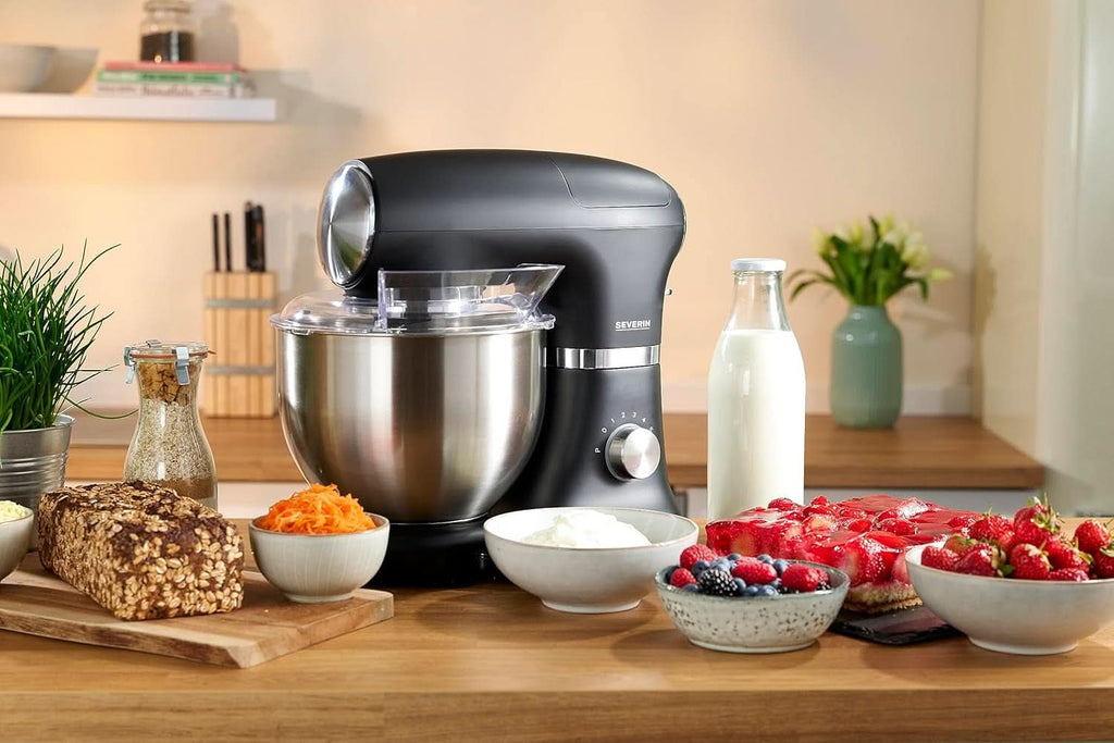SEVERIN Küchenmaschine Mit Waage, Große Knetmaschine Für Bis Zu 3 Kg Kuchenteig, Robuste Teigmaschine Mit Knethaken, Flachrührer Und Schneebesen, 1.000 W, Schwarz, Matt,Edelstahl, KM 3898 Mama si Copilul Naty Shop