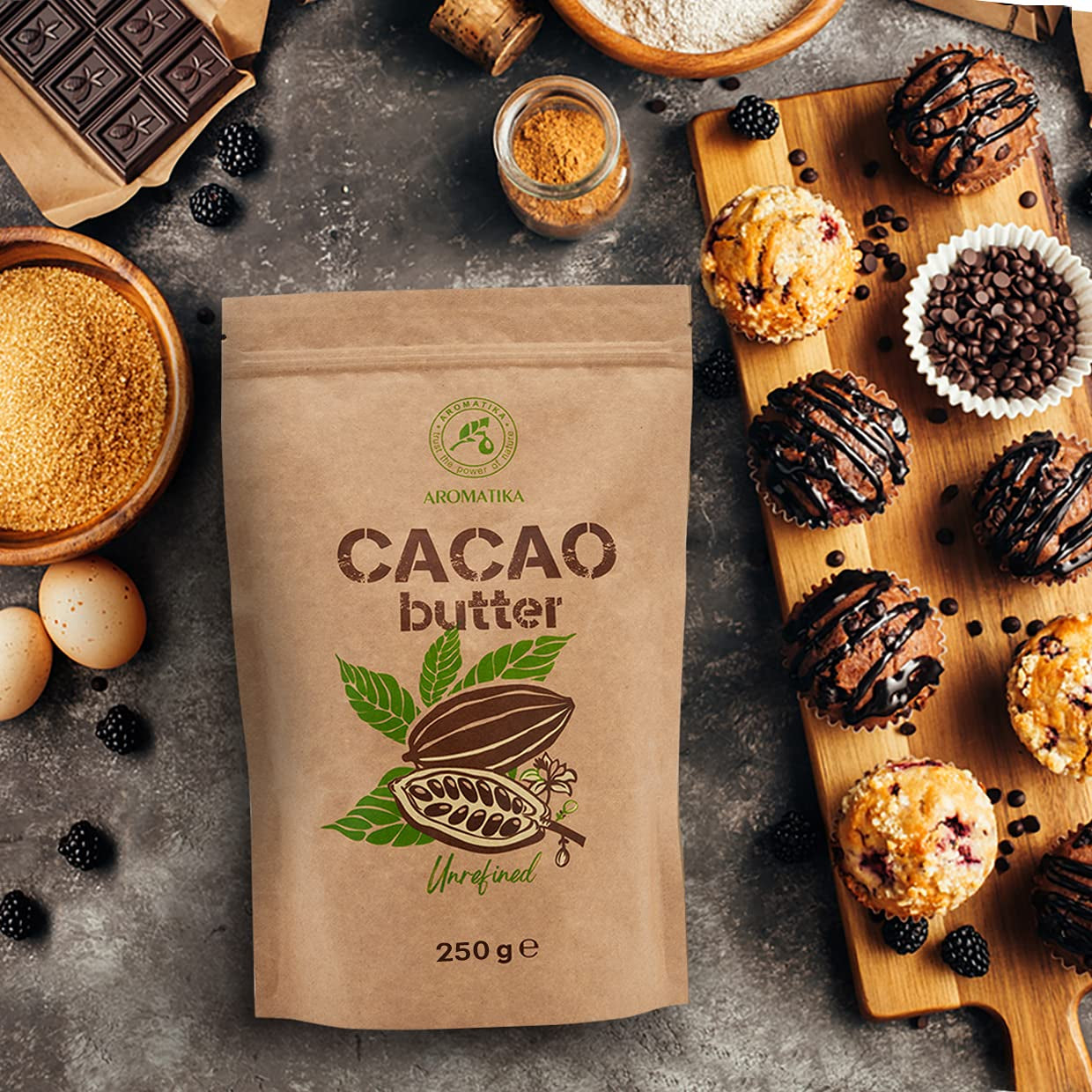 Kakaobutter - 250g - Theobroma Cacao - Surowe masło kakaowe - Masło Kakao w Stücken - Kaltgepresst - Unraffiniert - Rein und Naturlich - für Speisen und Hautpflege - Masło kakaowe