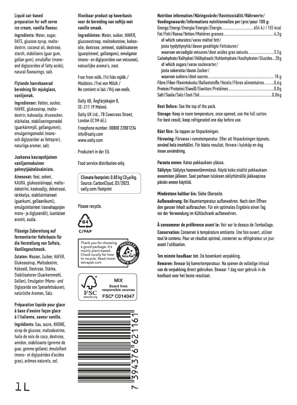 Mieszanka Oatly Soft Serve Mix do produkcji miękkich lodów na bazie roślin w maszynie do lodu 1L, (6er-Pack)