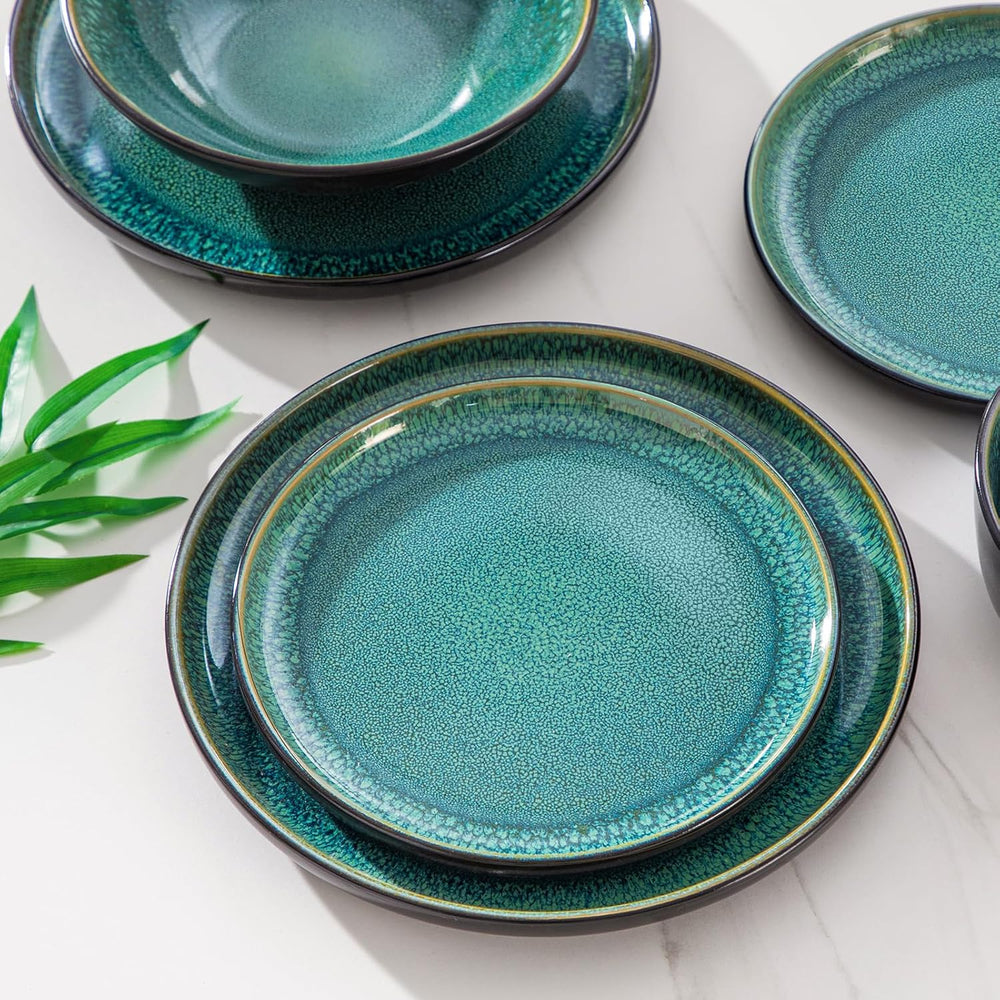 Set de veselă pentru 6 persoane, set de veselă din gresie Vancasso PLAYA, 24 de piese pentru 6 persoane, verde, inclusiv farfurii, farfurii de sumă, boluri și farfurii de salată, potrivit pentru mașina de spălat vase și cuptorul cu microunde