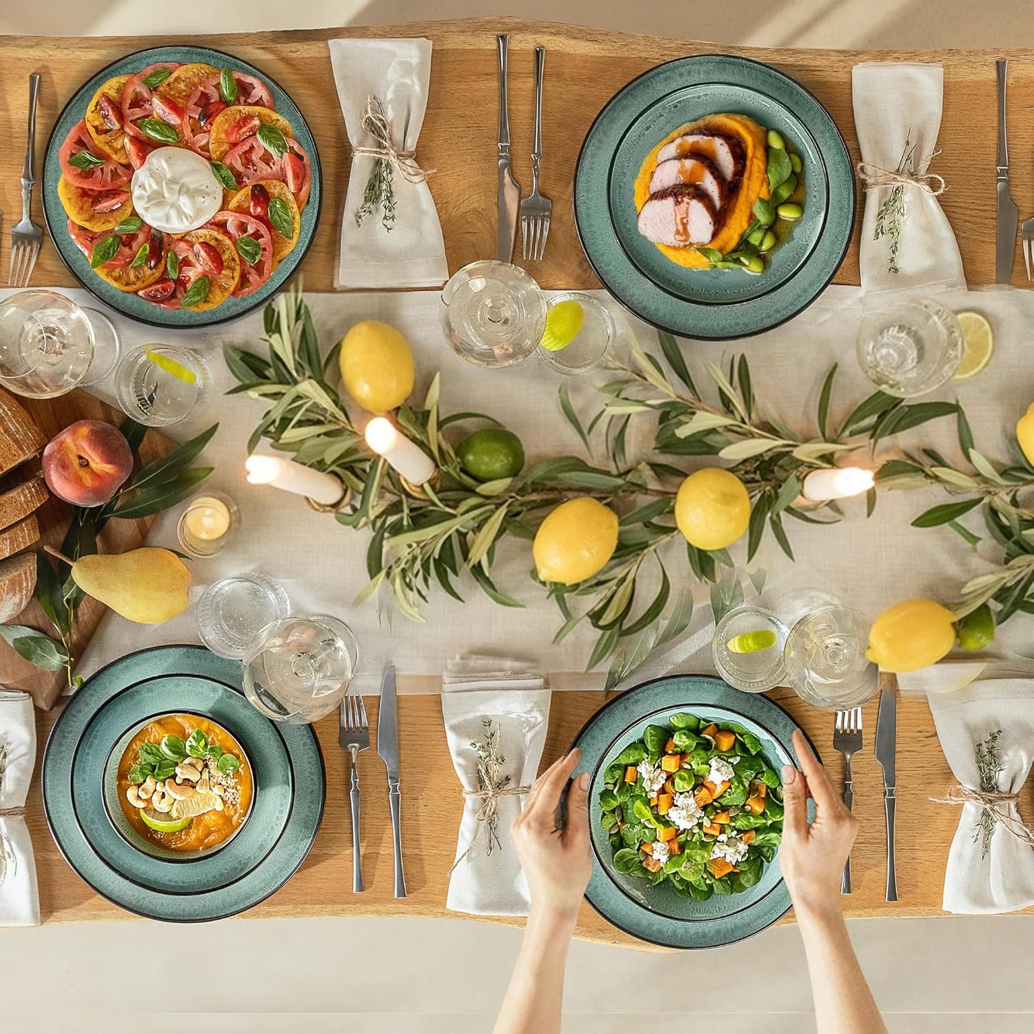 Set de veselă din gresie Twinzee, 24 de piese pentru 6 persoane - Set bol și farfurie - Veselă din gresie pentru cuptorul cu microunde - Colecția Riviera