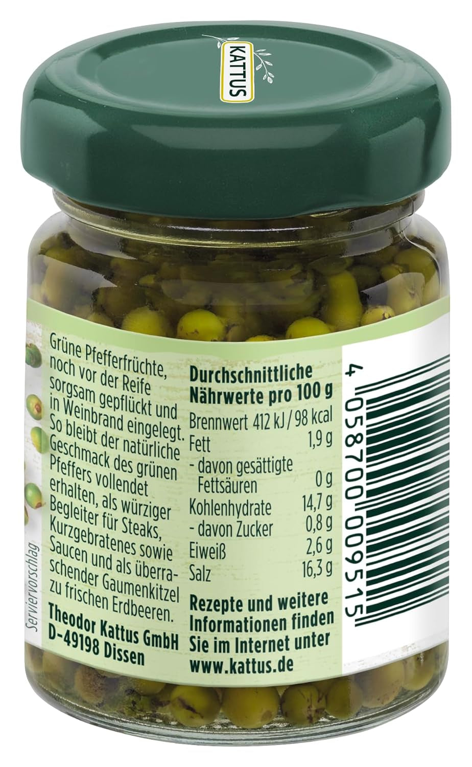 - Grüner Pfeffer w Weinbrand | Ganzer, eingelegter Pfeffer zum Würzen von Saucen | 50 g w szkle