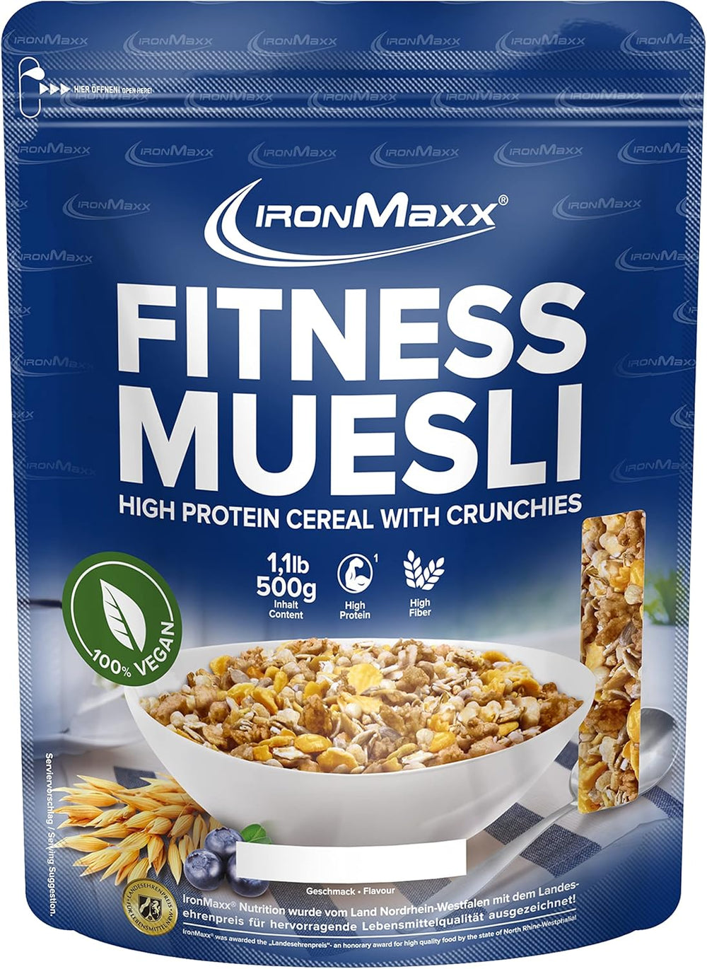 IronMaxx Fitness Musli - ciasteczka i krem, worek 2 kg | Bogate w białko wegańskie musli o chrupiącej zawartości | Niska zawartość cukru i wysoka zawartość błonnika