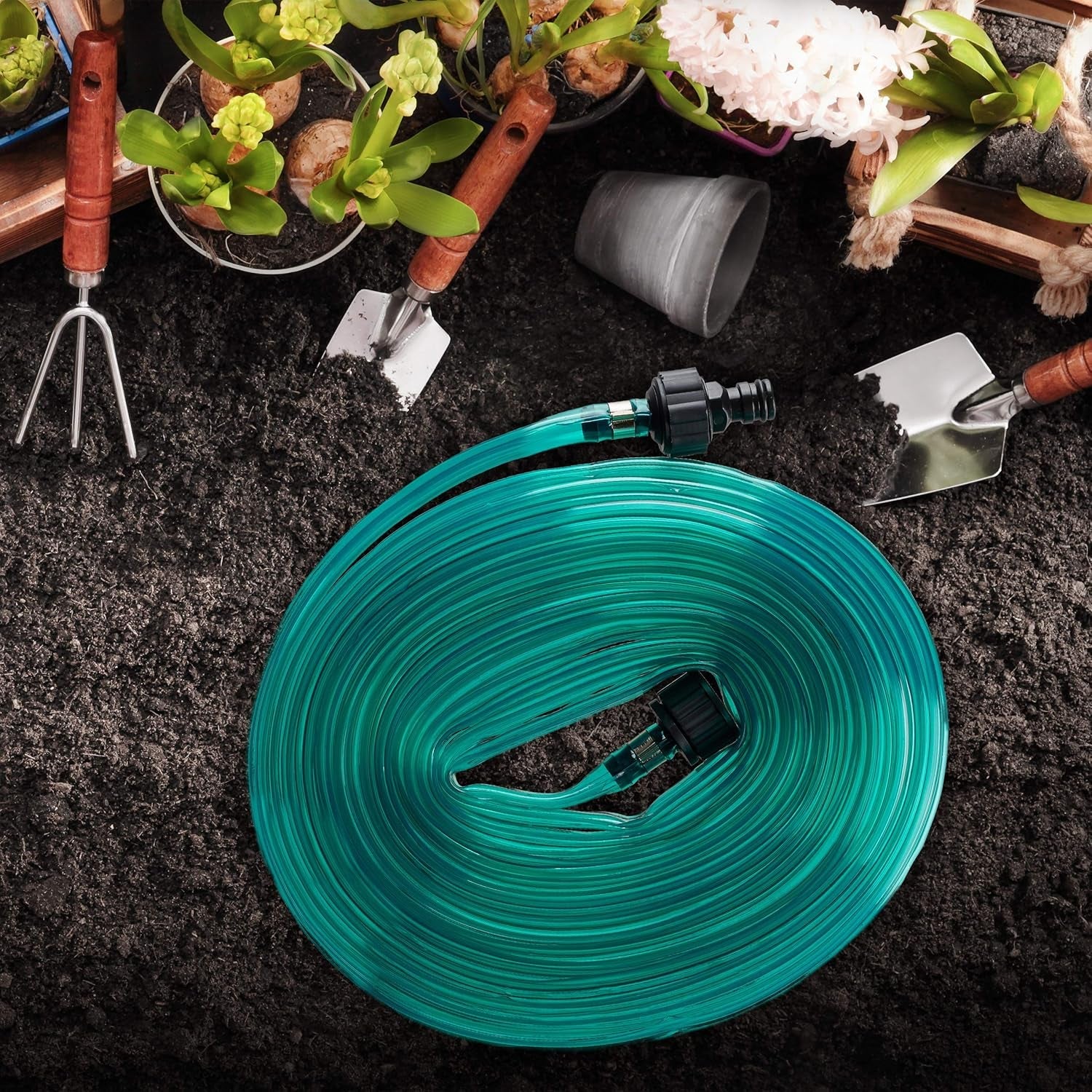 Furtun de irigare Relaxdays, furtun plat pentru grădină, cu orificii, gata de conectare, 8 metri, verde, 1 bucată, plastic