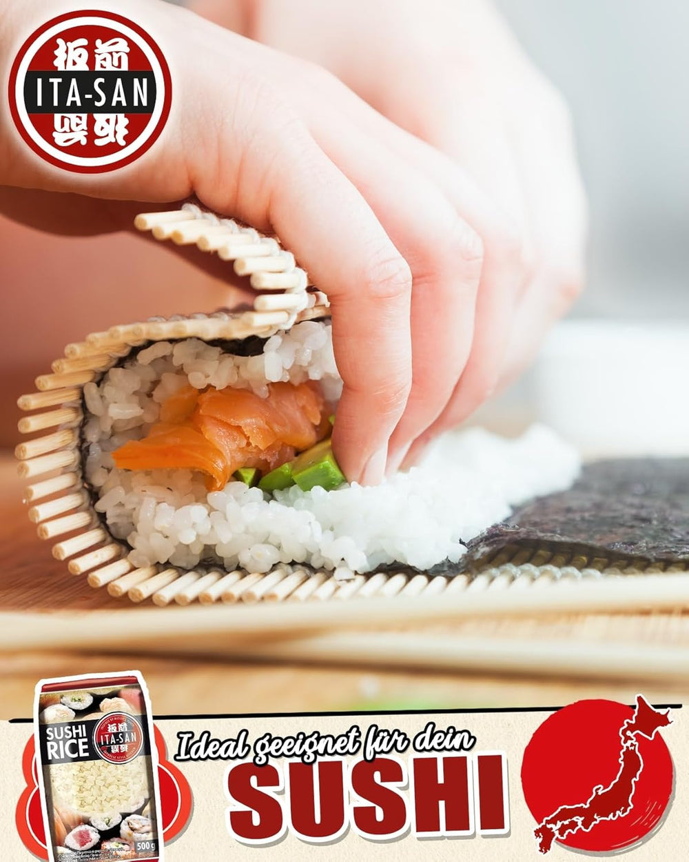 Ryż do sushi ITA-SAN, okrągłoziarnisty, najwyższej jakości, 100% czystej odmiany, szybkie i łatwe przygotowanie, wegański, halal, bezglutenowy (1 x 500g)