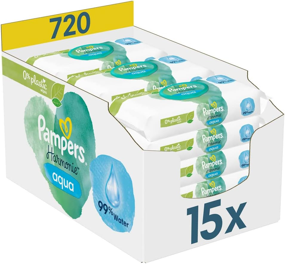 Pudełko uzupełniające 2320 Plus 2017 (6 szt.) i pudełko chusteczek nawilżanych Pampers Harmony Aqua Baby, 720 chusteczek (15 x 48), delikatna ochrona skóry, zawierająca 99% wody