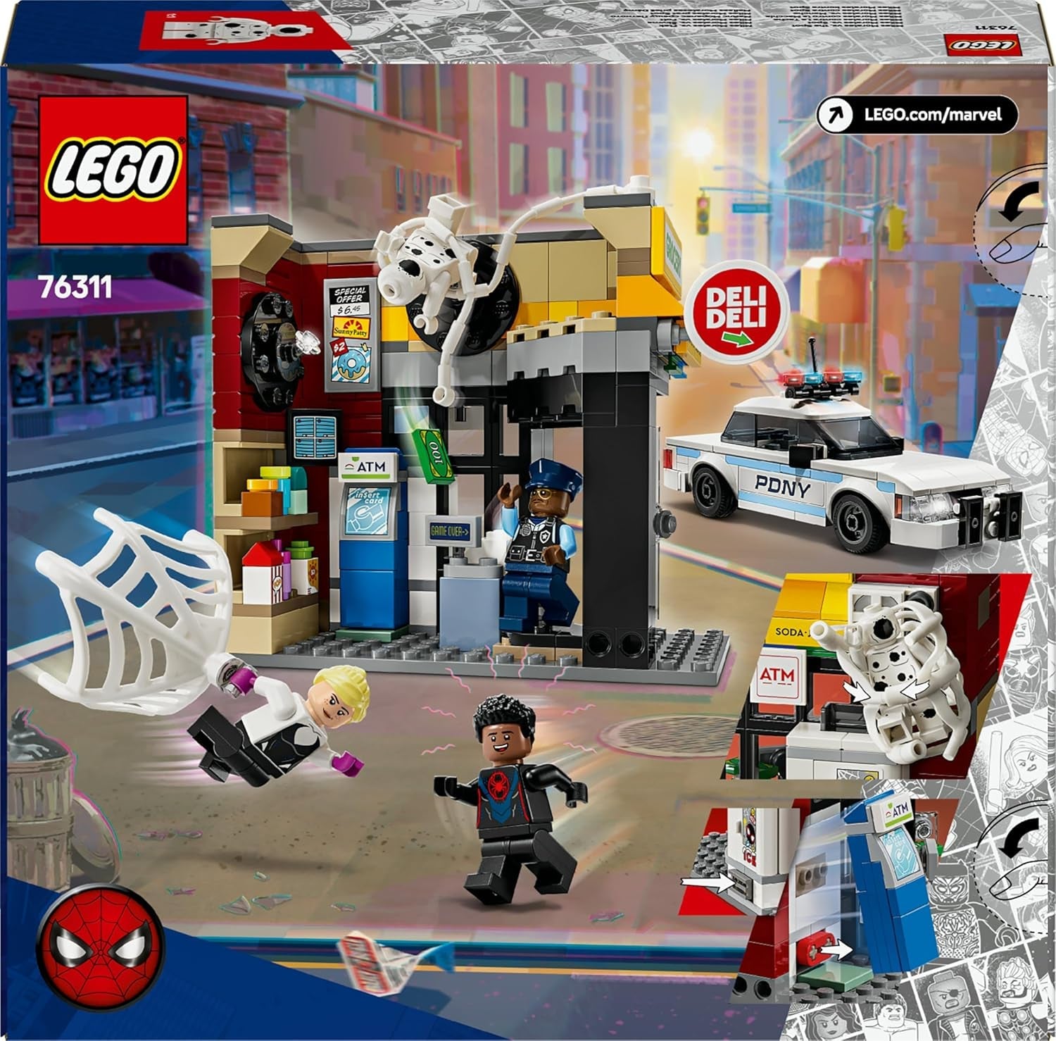 LEGO | Marvel Spider-Verse: Miles Morales vs. Spot - Superhelden Spielset mit Spielzeug Auto - 4 Minifiguren und Mini-Markt - Kreatives Geschenk für Jungen und Mädchen ab 9 Jahren - 76311