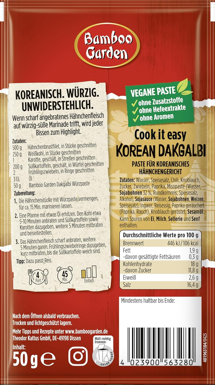 Ogród Bambusowy - Koreańska Dakgalbi Würzpaste | Zum Marinieren von Hühnchen, Gemüse und Tofu | Na 4 porcje | Wegańskie, naturalne składniki | 50 g w torebce