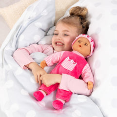 Bayer Design 93800-różowy 93825AA Babypuppe First Words, Schlafaugen, spricht 24 Babylaute, weicher Körper, mit Schnuller und Flasche, 38 cm, różowy