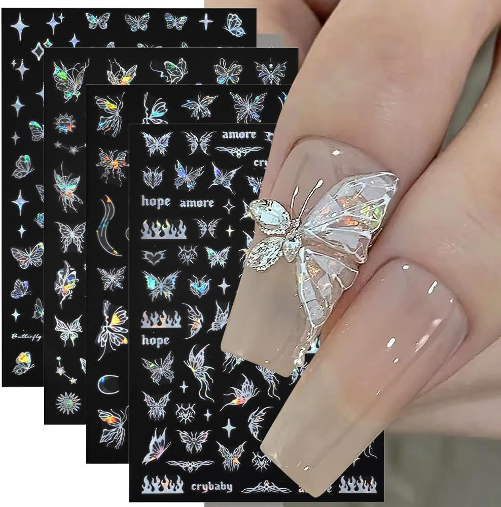 4 Blätter Holographisch Laser Weiß Schmetterling Nagelsticker,Y2K Aurora Schmetterlinge Stern Nail Sticker 3D Flamme Herz Nageldesign Nagelsticker Selbstklebend Nagel Sticker Nagel Zubehör Nail Art