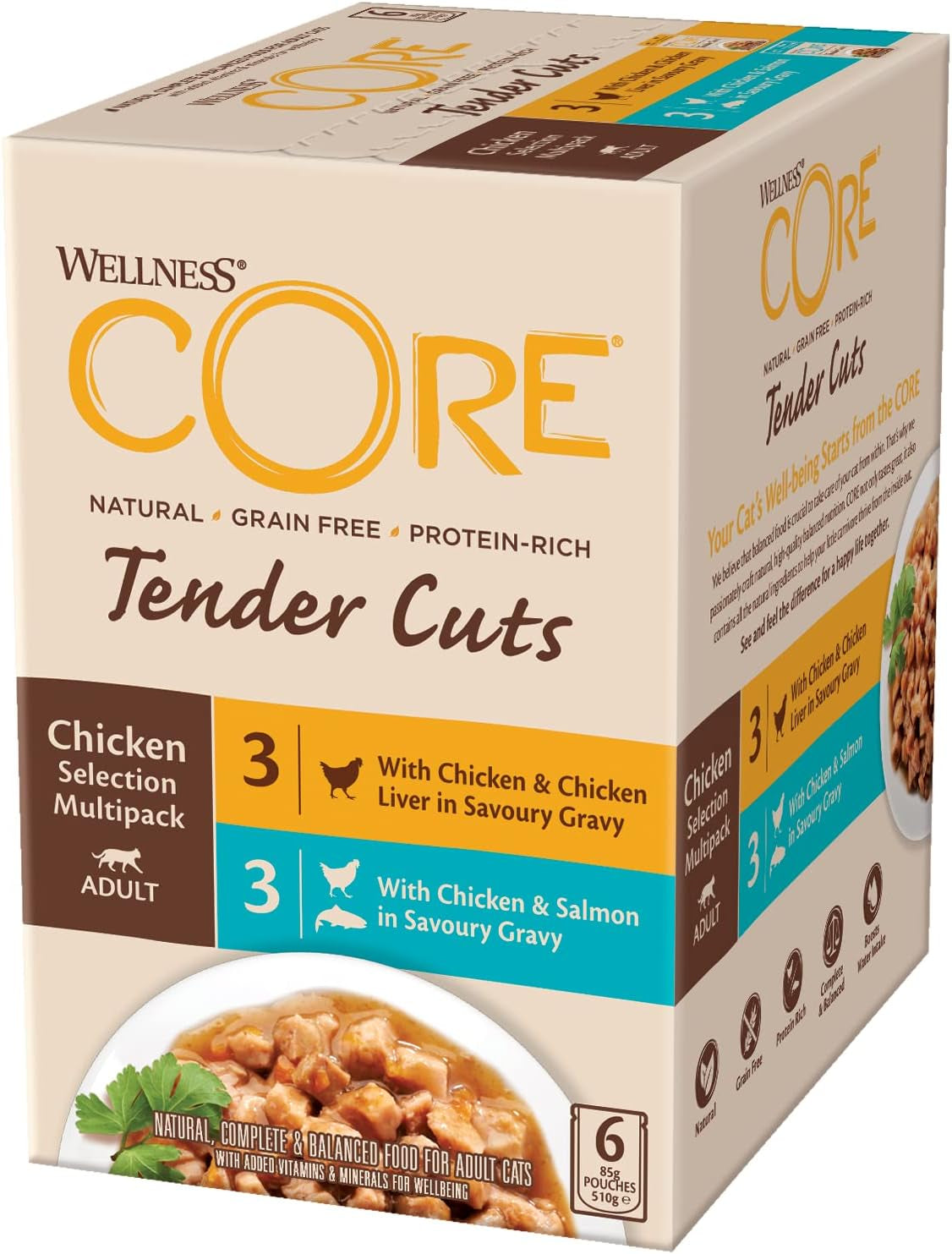 Wellness CORE Tender Cuts 6 x 85g, Mix Selecție de Pui – Hrană umedă pentru pisici, bucăți fragede în sos, fără cereale, naturală, hipoalergenică, bogată în proteine, conținut ridicat de carne