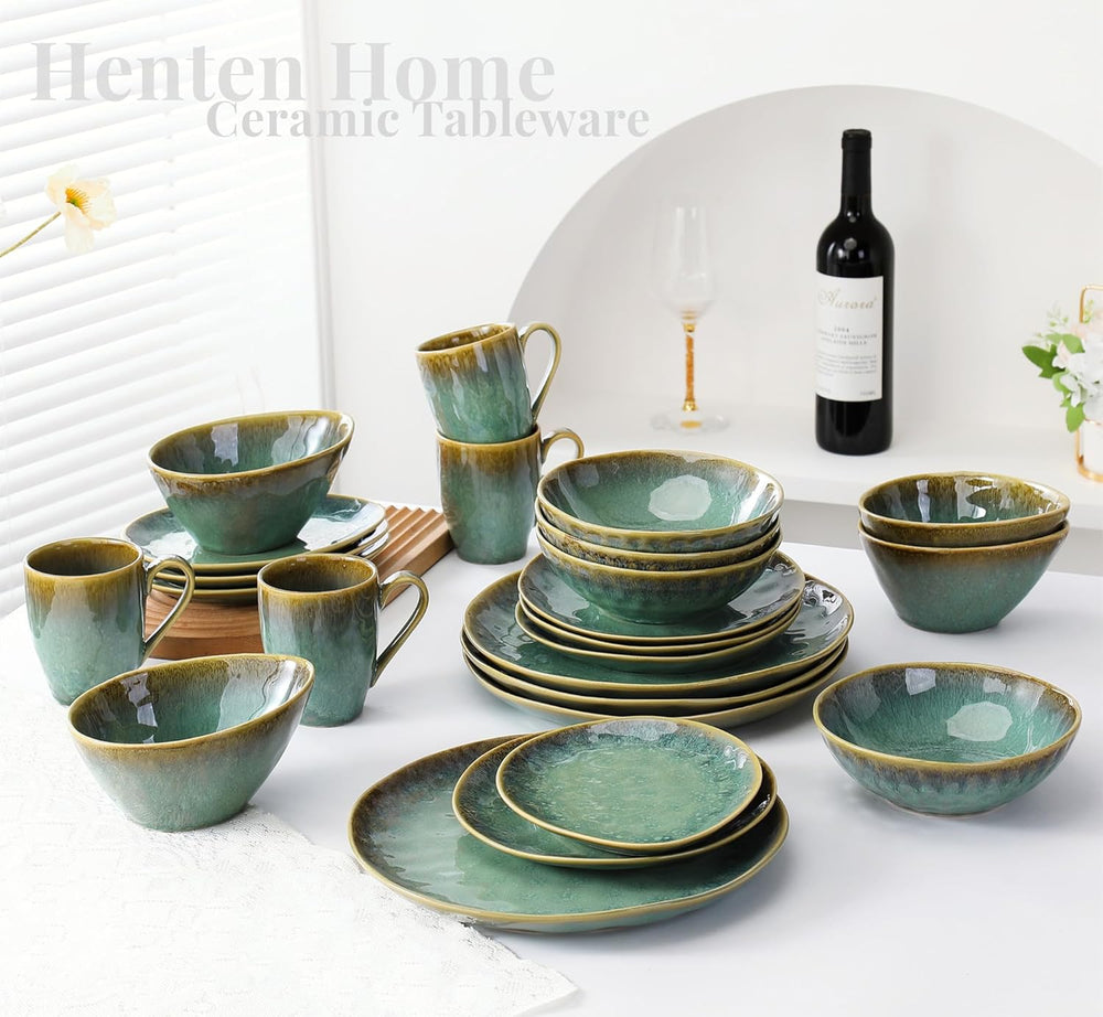 Henten Home Farfurii din gresie specială, boluri pentru gustări și sosuri - 20x17cm pentru 4 persoane, farfurii de mic dejun din porțelan - design modern verde