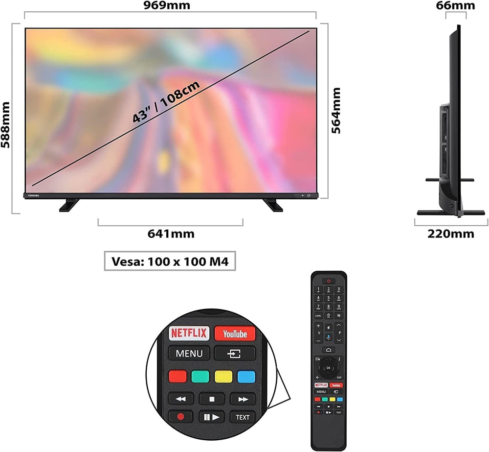 Toshiba, 43QA4163DG, 43 inch, QLED Quantum Dot Ultra HD (3840 x 2160), Asistent Google, Bluetooth, Netflix, Video, Chromecast