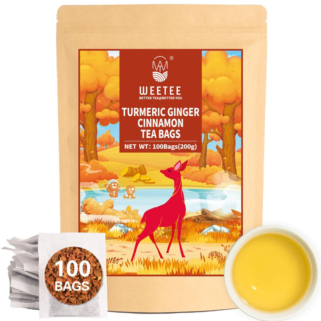 WEETEE Pliculețe de ceai cu turmeric, ghimbir și scorțișoară, 2 g x 100 bucăți Pliculețe de ceai cu turmeric, ghimbir și scorțișoară, ceai cald, picant și ușor dulce cu turmeric și ghimbir, bogat în antioxidanți, ceai cu mirodenii fără cofeină
