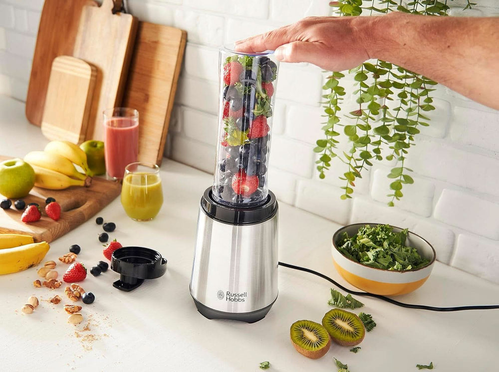 Russell Hobbs Mixer — Mikser stojący i urządzenie do przygotowywania smoothie na wynos [silnik o mocy 23 500 U/min] Inkl. 1X Mixbehälter 600Ml (Bpa-Frei, Spülmaschinen- & Bruchfest Inkl. Deckel) Zerkleinerer, Edelstahl, 23472-56 Kitchen Naty Shop