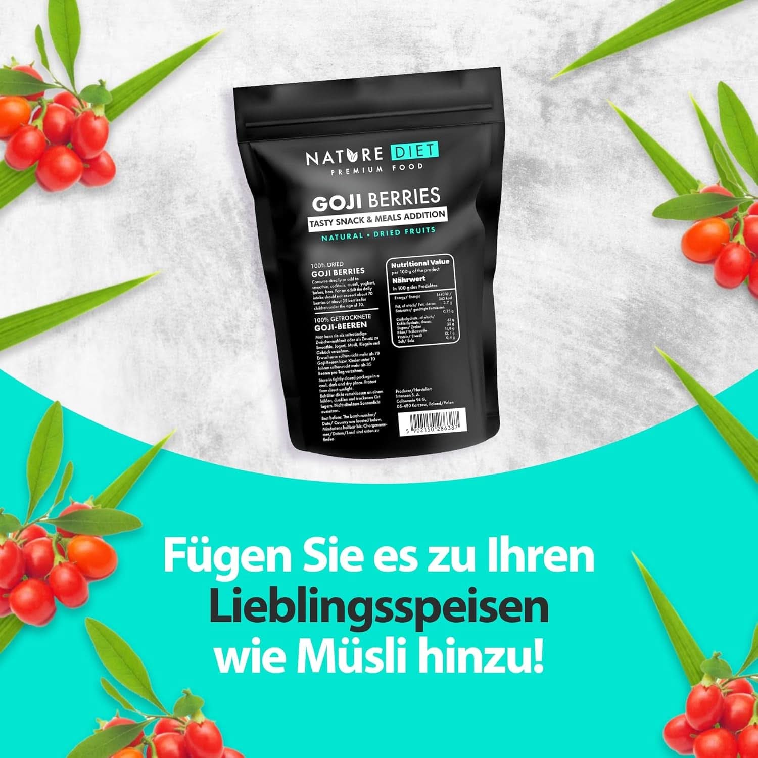 Nature Diet - Goji berries 1000 G | Fructe de pădure uscate Produse deshidratate Naty Shop