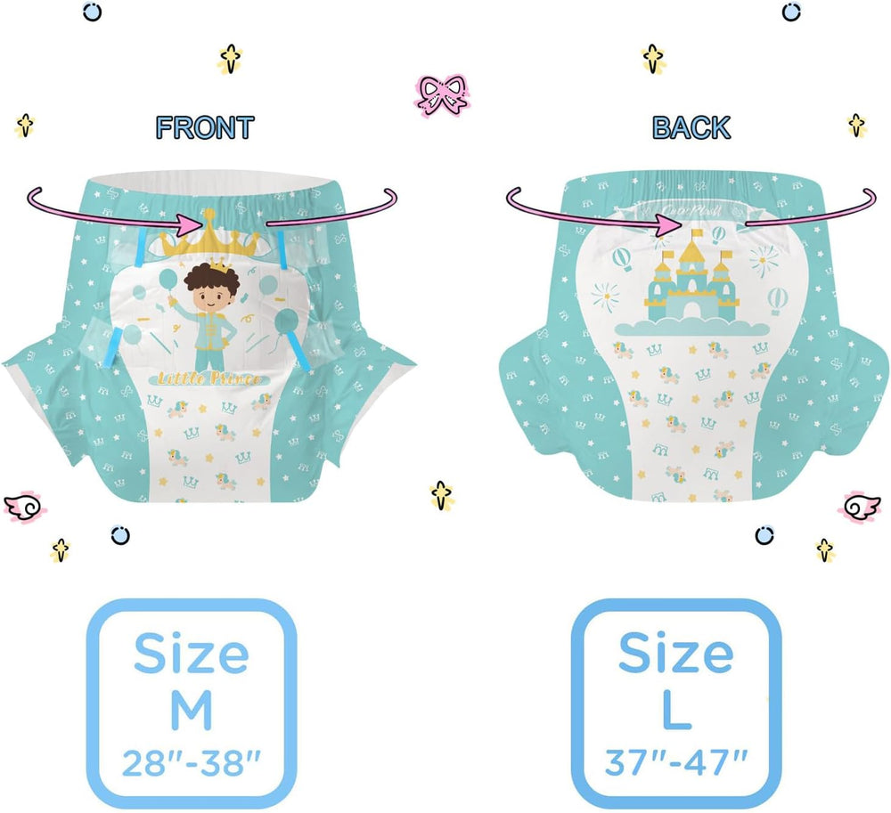 CutiePlusU pieluchy dla dorosłych 2 szt. Jednorazowe majtki na nietrzymanie moczu z klapkami dla kobiet i mężczyzn o maksymalnej chłonności przez noc - Mały Książę (średni 71-96 cm)
