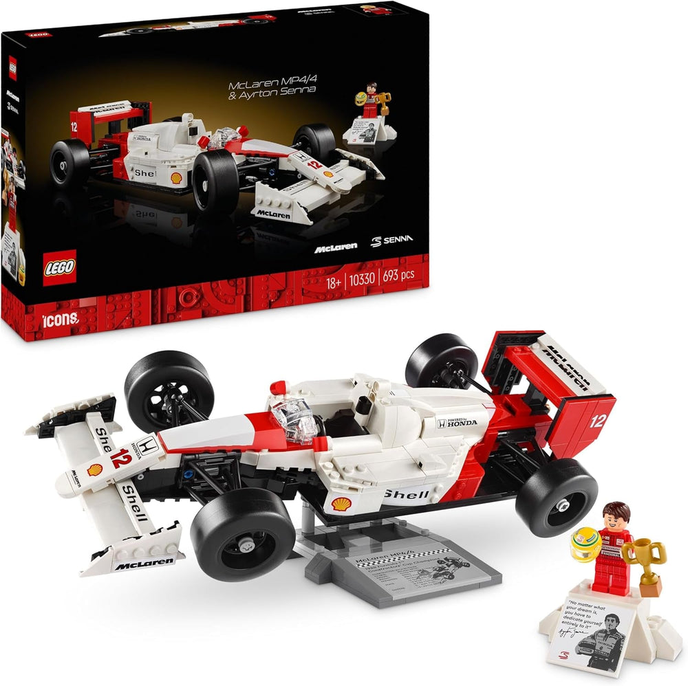 LEGO Icons Zestaw modeli samochodów Mclaren MP4/4 i Ayrton Senna, zestaw samochodów wyścigowych F1 dla dorosłych z minifigurką kierowcy, przedmiot kolekcjonerski, pomysł na prezent dla mężczyzn, kobiet, dla niego i dla niej 10330 Zestawy do budowania Besuche den LEGO-Store Single