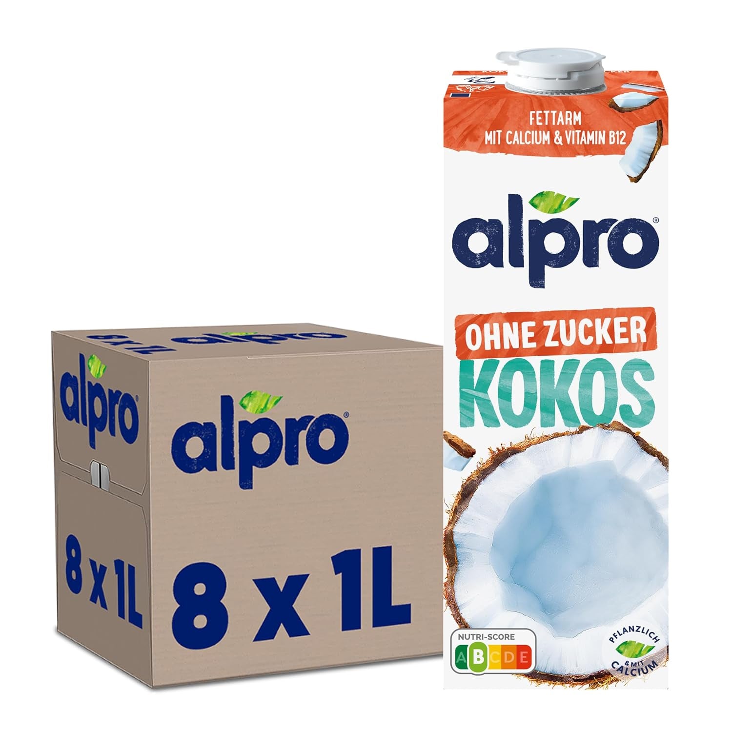 Alpro Kokosnussdrink ohne Zucker – Ohne Süßstoffe – Vegan und milchfrei – Von Natur aus lactosefrei und fettarm – Bogaty w wapń i witaminy – 8 x 1 L