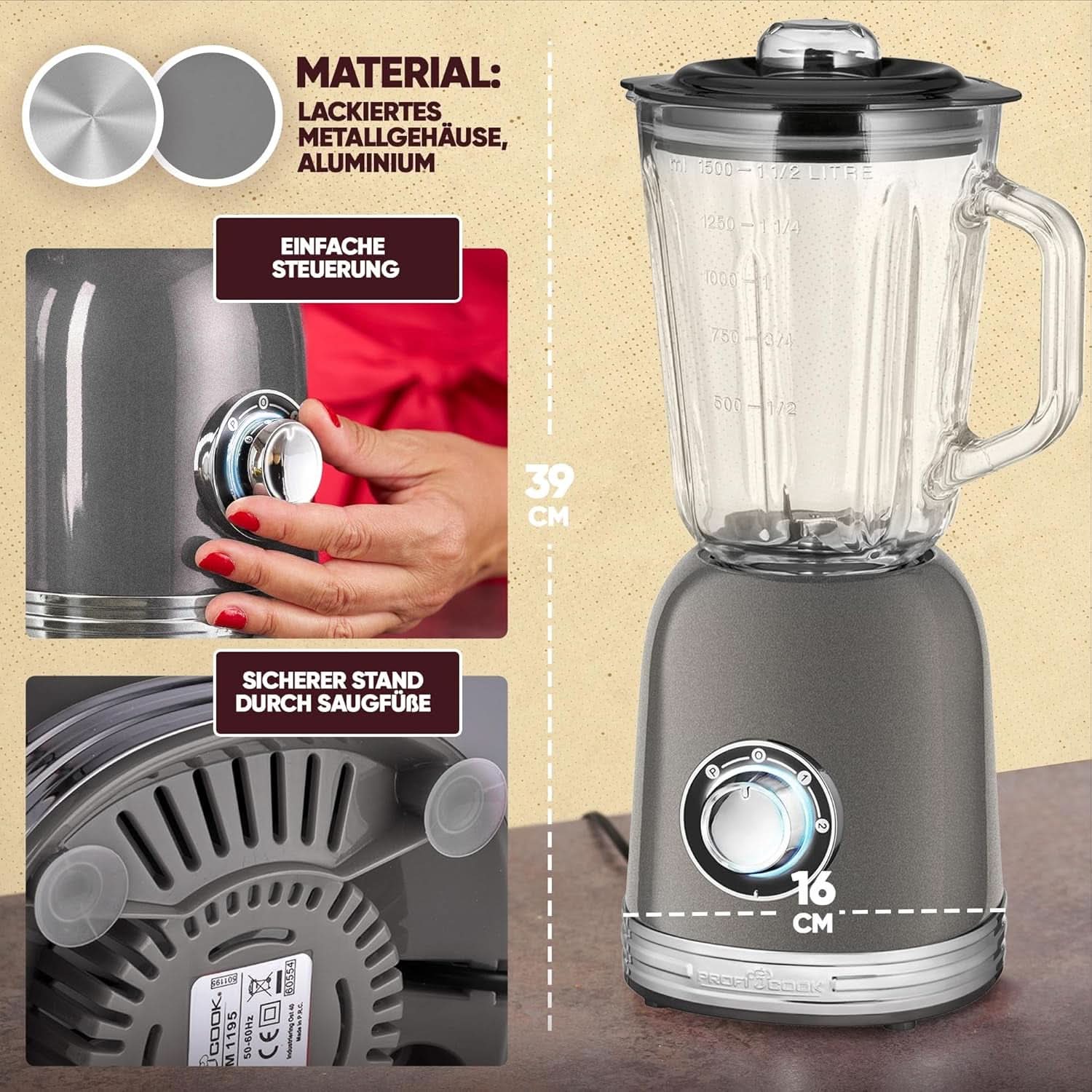 Proficook® Mikser stojący Mit Massivem 1,5L Glas-Behälter, Ice Crush & Turbo-Modus - Blender Mit 4Fach Piranha-Messer Aus Edelstahl - Hochleistungsmixer Mit Metallgehäuse 800W, PC UM 1195 Anthrazit Mother and Child Naty Shop
