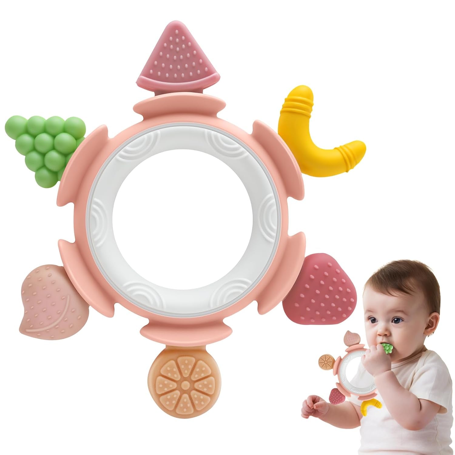 Jucărie senzorială cu inel de dentiție pentru bebeluși de 0, 3, 6, 7, 8, 9, 10 și 12 luni, ajutor pentru dentiție, jucărie pentru nou-născuți, 3, 6, 12 și 18 luni, băieți și fete, cadouri de Paște pentru petrecerea baby shower, maro