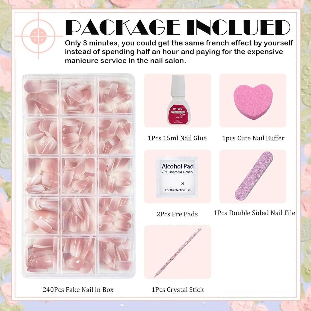 Set de 240 de bucăți pentru unghii false scurte - Unghii false artificiale naturale scurte pentru lipit - Unghii artificiale cu gradient nud pentru extensii de unghii cu cutie (gradient nud)