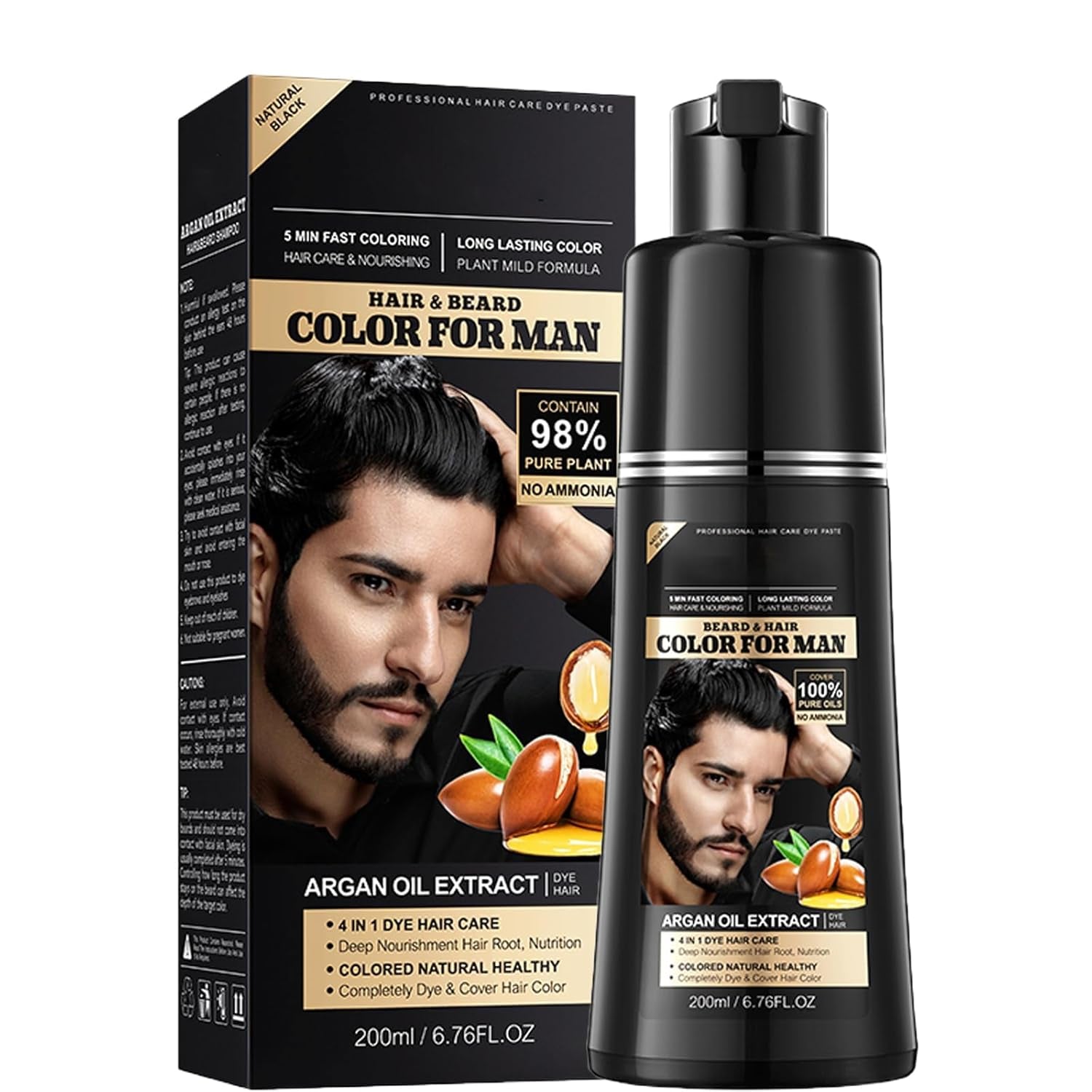 Vopsea de păr maro, șampon pentru vopsit părul - 500ml șampon pentru vopsit părul gri, 100% acoperire gri, ușor și rapid de utilizat, îngrijire perfectă a culorii pentru bărbați și femei Vopsea pentru par Naty Shop Bărbați negru