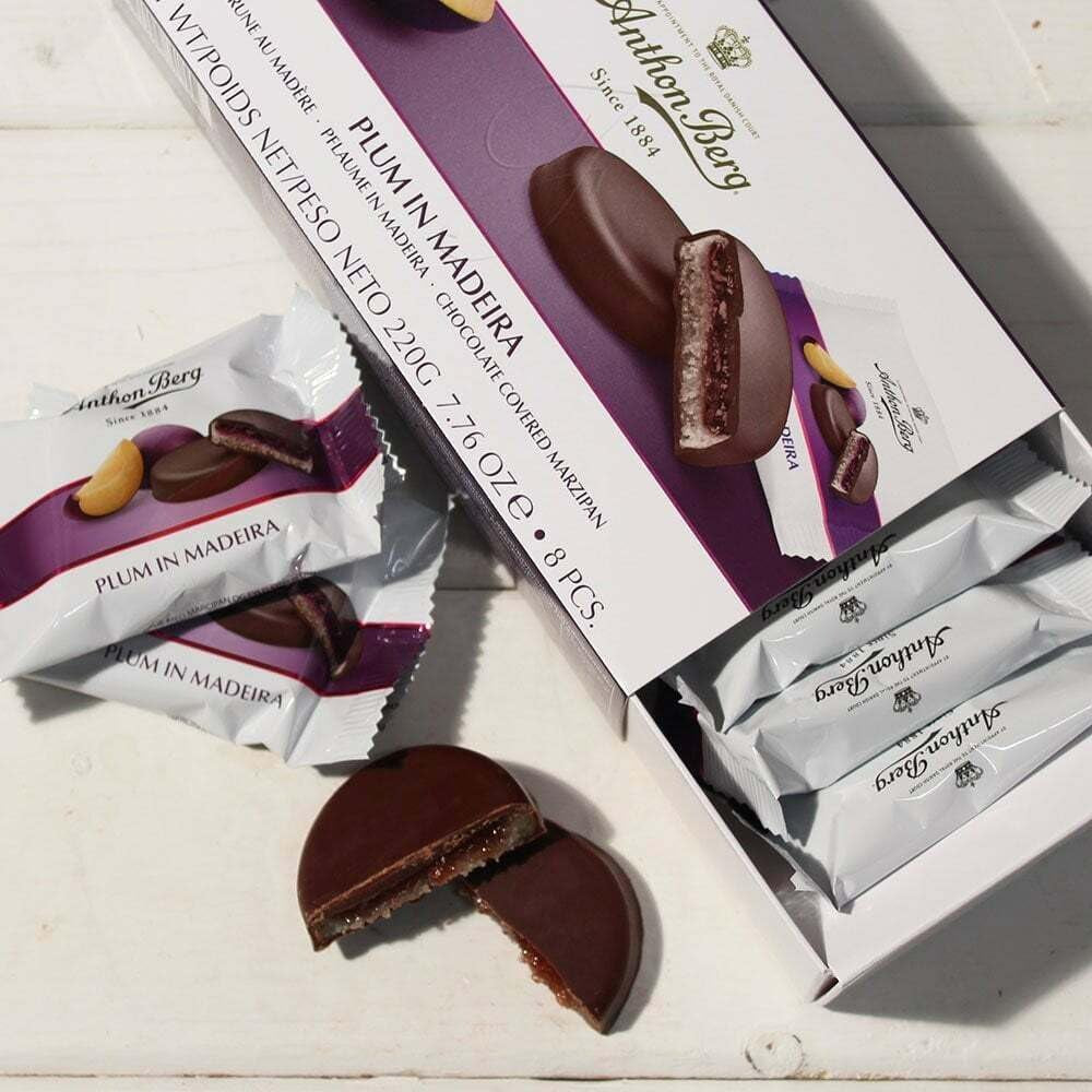 Śliwka na Maderze – 220g – Specjalność marcepanowa z owocami i alkoholem – 8 monet z ciemnej czekolady z galaretką śliwkową i winem Madera – Pomysł na prezent