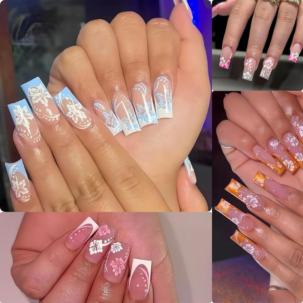 8 Stück Hibiskus Nagelsticker, 3D Selbstklebende Blumen Nagelaufkleber, Weiß Rosa Gelb Magenta Sommer Neonail Sticker, Nail Art Zubehör Nagel Deko Für Frauen