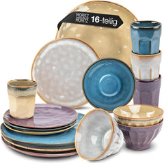 Moritz & Moritz COPA 16-tlg Geschirrset 4 Personen - Elegantes Teller Set aus hochwertigem Steinzeug - Geschirr Set 4 Personen aus je 4x Dinnerteller, Dessertteller, Müslischale & Kaffeebecher