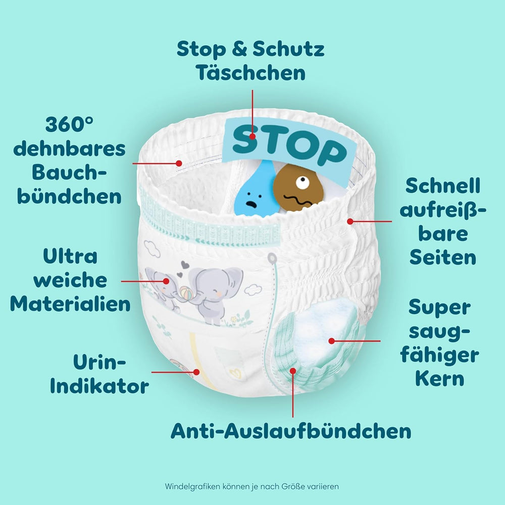 Spodnie ochronne Pampers Premium rozmiar 7, 123 pieluszki, 15 kg+, z regulacją 360° i miękkimi mankietami zapobiegającymi wyciekaniu dla optymalnego komfortu i ochrony