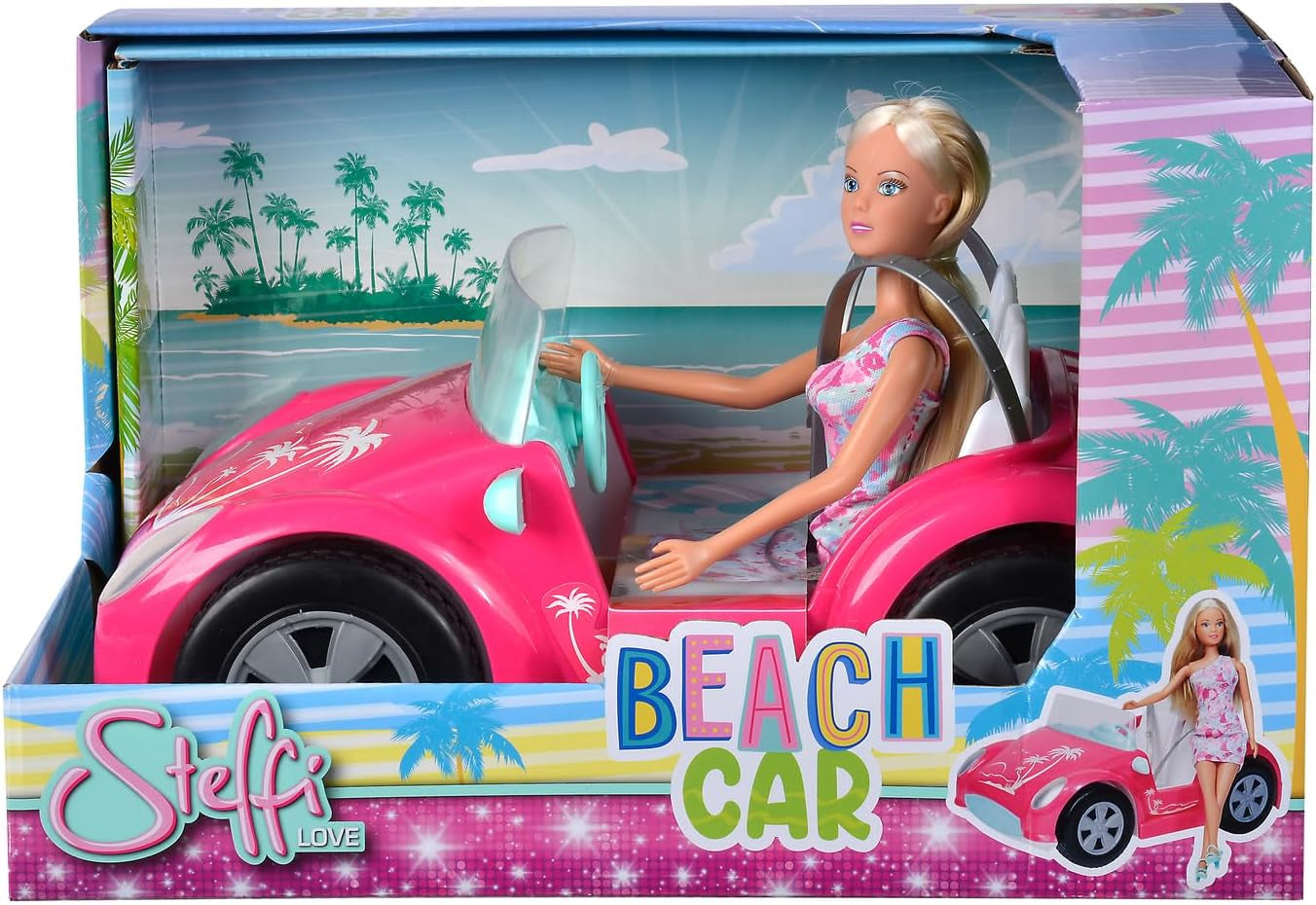 Simba Steffi Love Beach Car, Spielpuppe im coolen Sommeroutfit mit Strandbuggy, 29cm, ab 3 Jahre