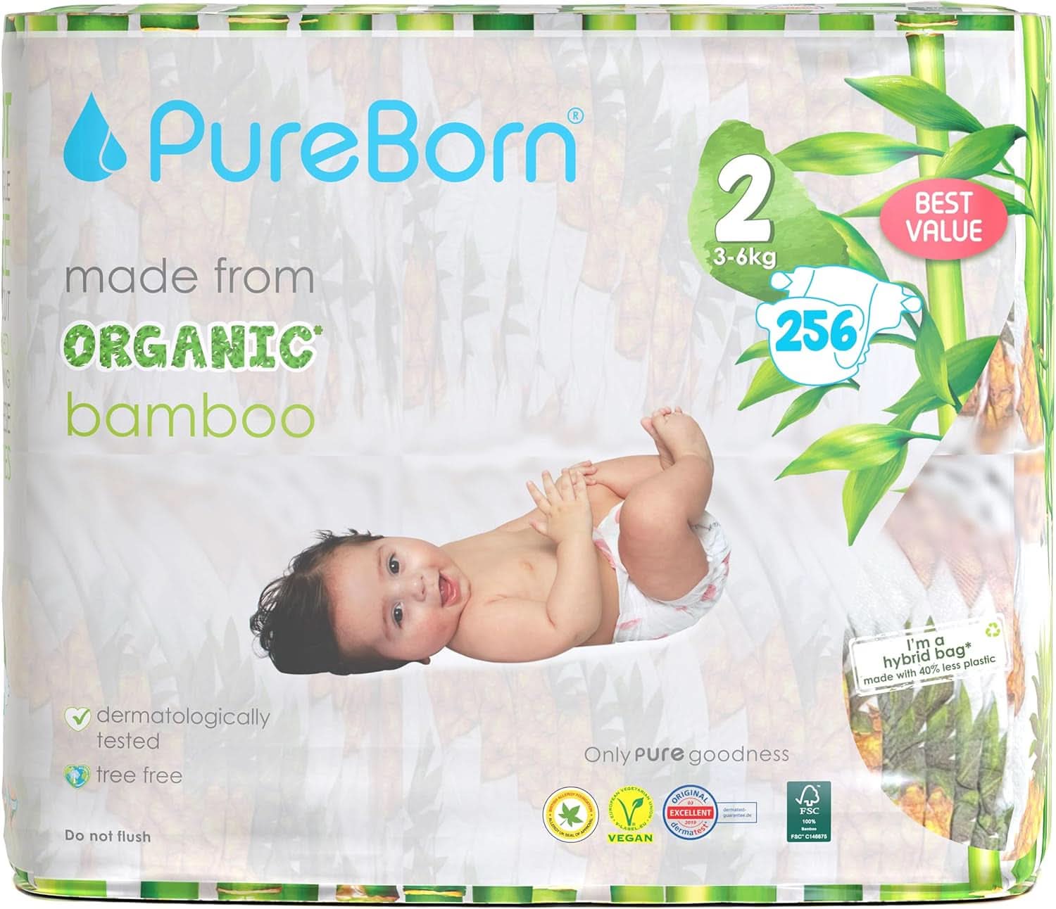 Pureborn Eco pieluszki bambusowe organiczne rozm. 2 (3-6 kg) Matka i Dziecko Naty Shop Rozmiar 2 (256 pieluszek)