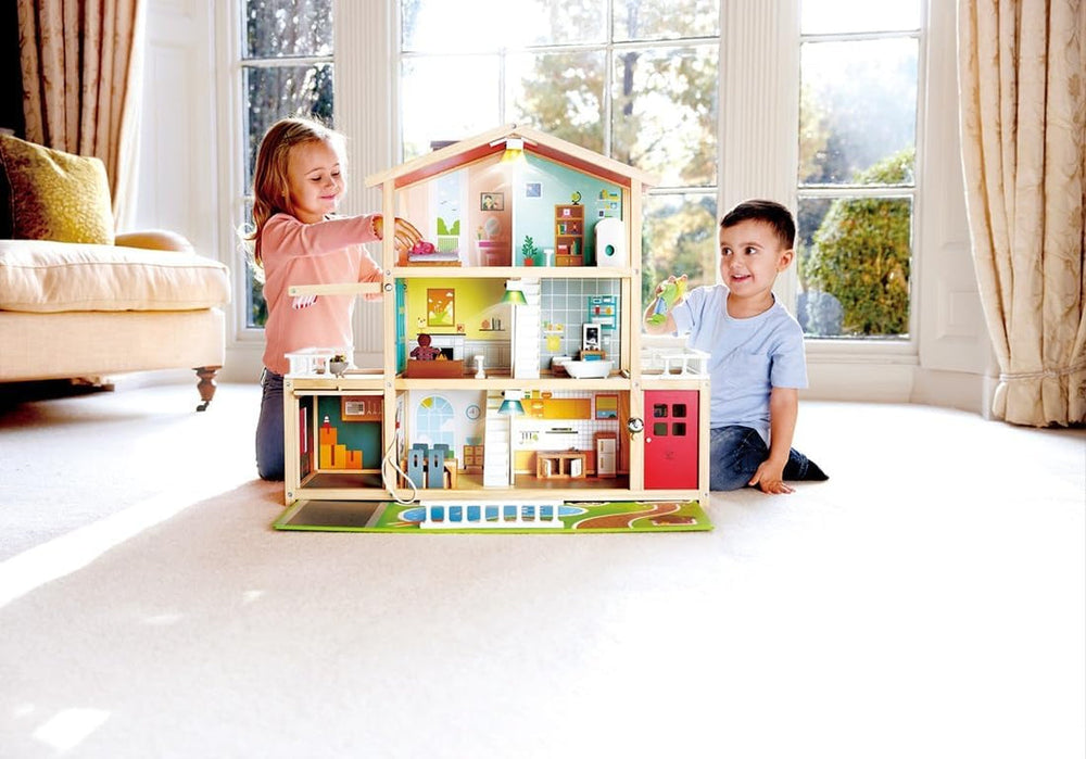 Casă de păpuși Hape Doll's Villa din lemn cu 10 camere, joc de rol creativ, inclusiv mobilier și accesorii, jucărie educativă, pentru copii de la 3 ani în sus