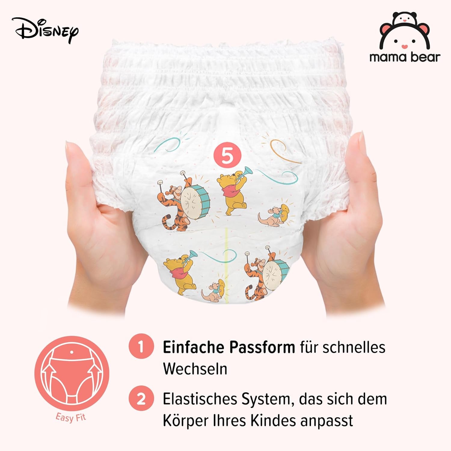 Marka Amazon: pieluchy Mama Bear Disney, rozmiar 5 (12-17 kg) - pudełko miesięczne, białe, 140 sztuk (2 opakowania po 70 sztuk)