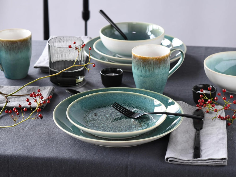 Creatable, seria Caldera, set de veselă din gresie, potrivit pentru mașina de spălat vase și cuptorul cu microunde, producție de calitate (set combinat verde, format din 8 piese)