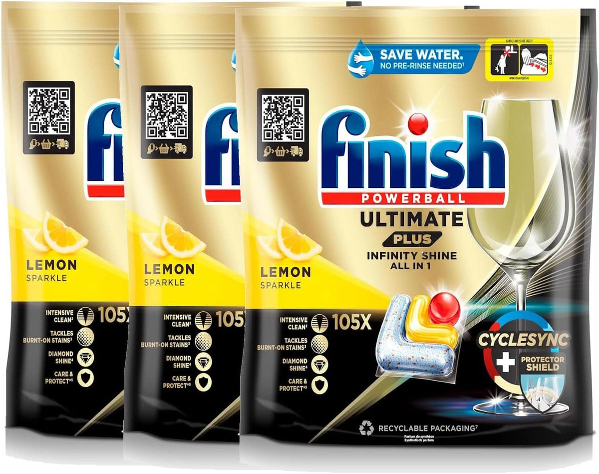 Finish Ultimate plus Infinity Shine Citrus Tabletki do zmywarki - Tabletki do zmywarki, intensywne czyszczenie - 105 kapsułek, cytrynowe Naty Shop Zestaw 3 x 105 kapsułek