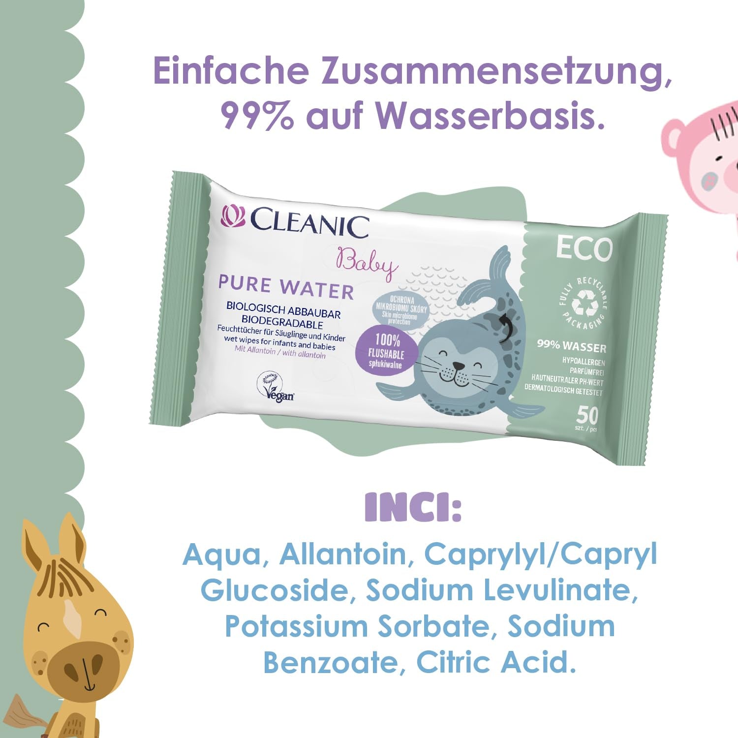 Cleanic Baby Eco Pure Water Chusteczki nawilżane – (1 x 50 szt.) Chusteczki nawilżane dla dzieci i niemowląt – bezzapachowe, spłukiwane, skóra wrażliwa – 50 szt.