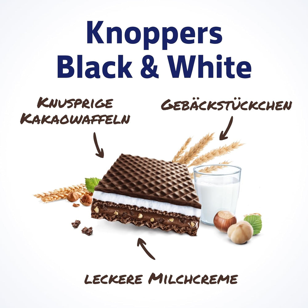 Knoppers Biało-Czarny – 8 x 25g – Plastry wafla nadziewane waflami ciemnego kakao, kawałkami czarnych herbatników, mlekiem i kremem nugatowym