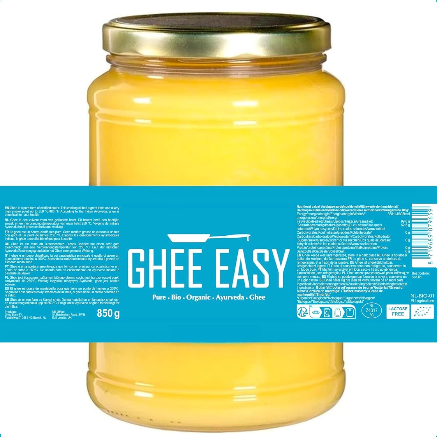 Ghee Easy 850g Ghee Bio von Grasgefütterten Kühen - Masło Ghee ohne Zusatzstoffe - Zertifiziert Organisch & Biologisch - Hochreines Ayurveda Ghee ohne Laktoza i Gluten - 100% Europäisch