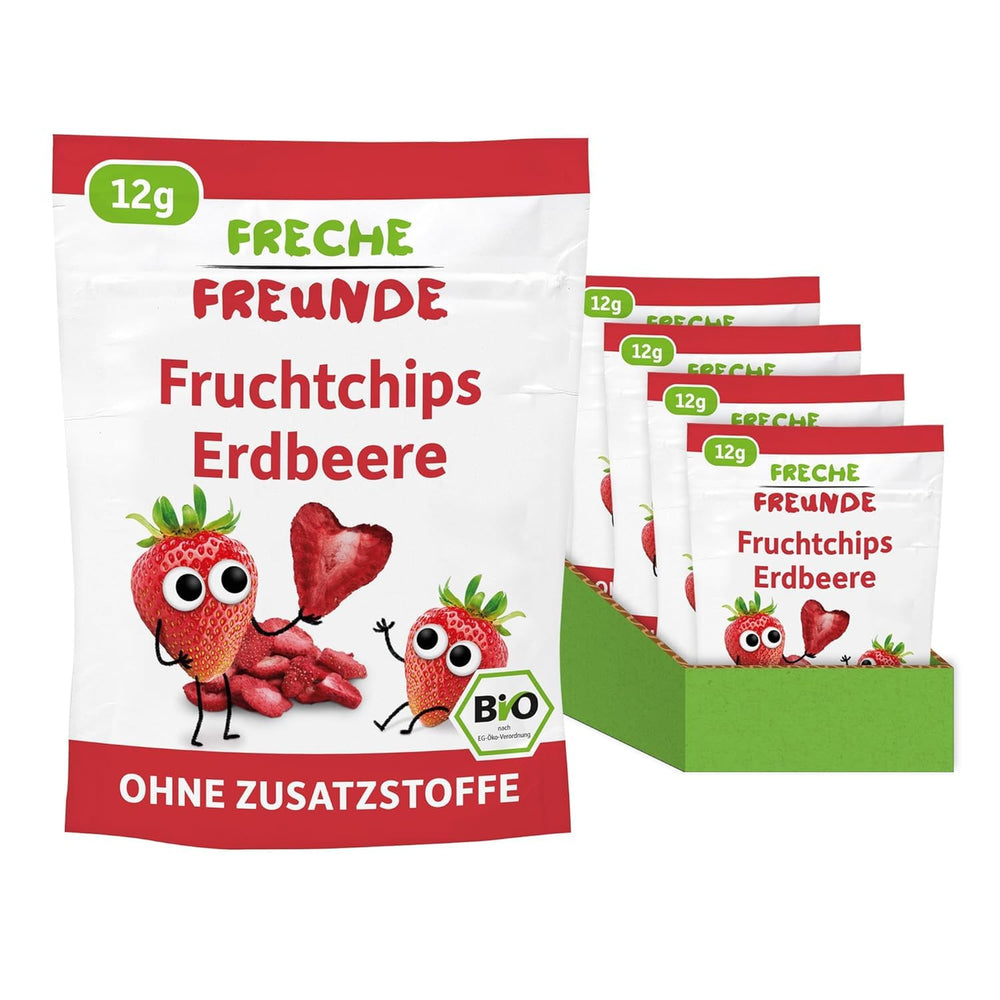 FRECHE FREUNDE Organiczne chipsy truskawkowe, liofilizowane chipsy owocowe, naturalne suszone owoce w plasterkach bez dodatku cukru, wegańskie, bez laktozy, bezglutenowe, opakowanie 12 sztuk (12 x 12g)
