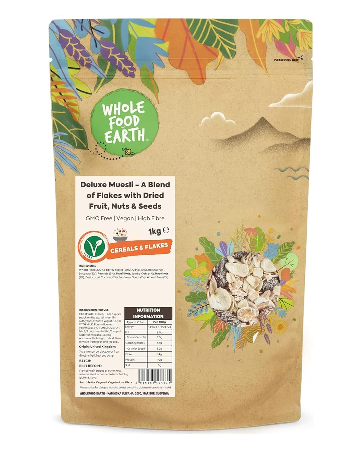 Muesli Deluxe Wholefood Earth - Mieszanka płatków z suszonymi owocami, orzechami i nasionami 1 kg | Bez GMO | Bogaty w błonnik