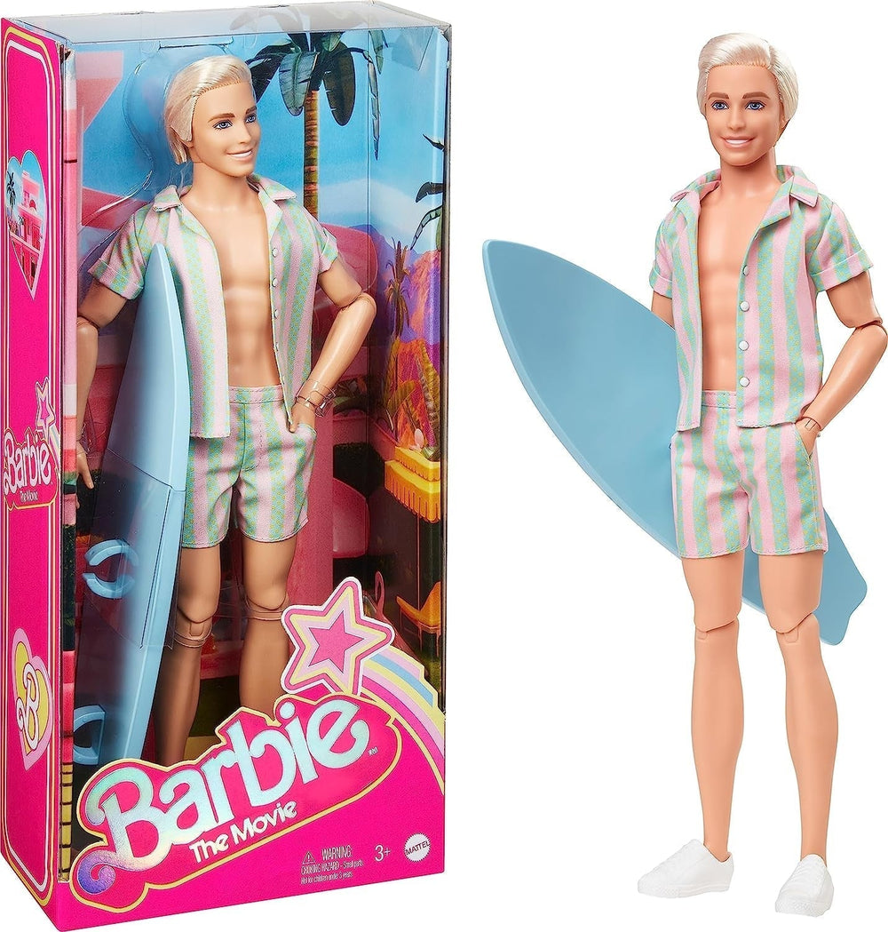 Barbie: film dla fanów filmów o lalkach, lalka Ken, lalka kolekcjonerska z deską surfingową i tenisówkami, ruchome ciało, włosy w kolorze platynowego blond, odpowiednia jako prezent dla 3-letnich dzieci, domyślny tytuł lalki HPJ97 Naty Shop