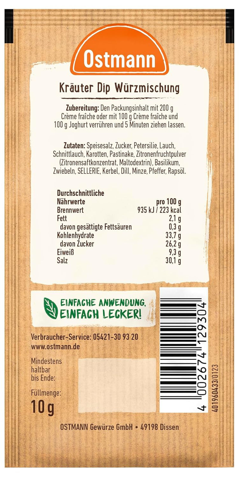 Ostmann Gewürze – Kräuter Dip, aromatyczny Gewürz für leckere Dips und Soßen zu Snacks, Chips, Brot, Fleisch, Gemüse und vielem więcej, 10 g