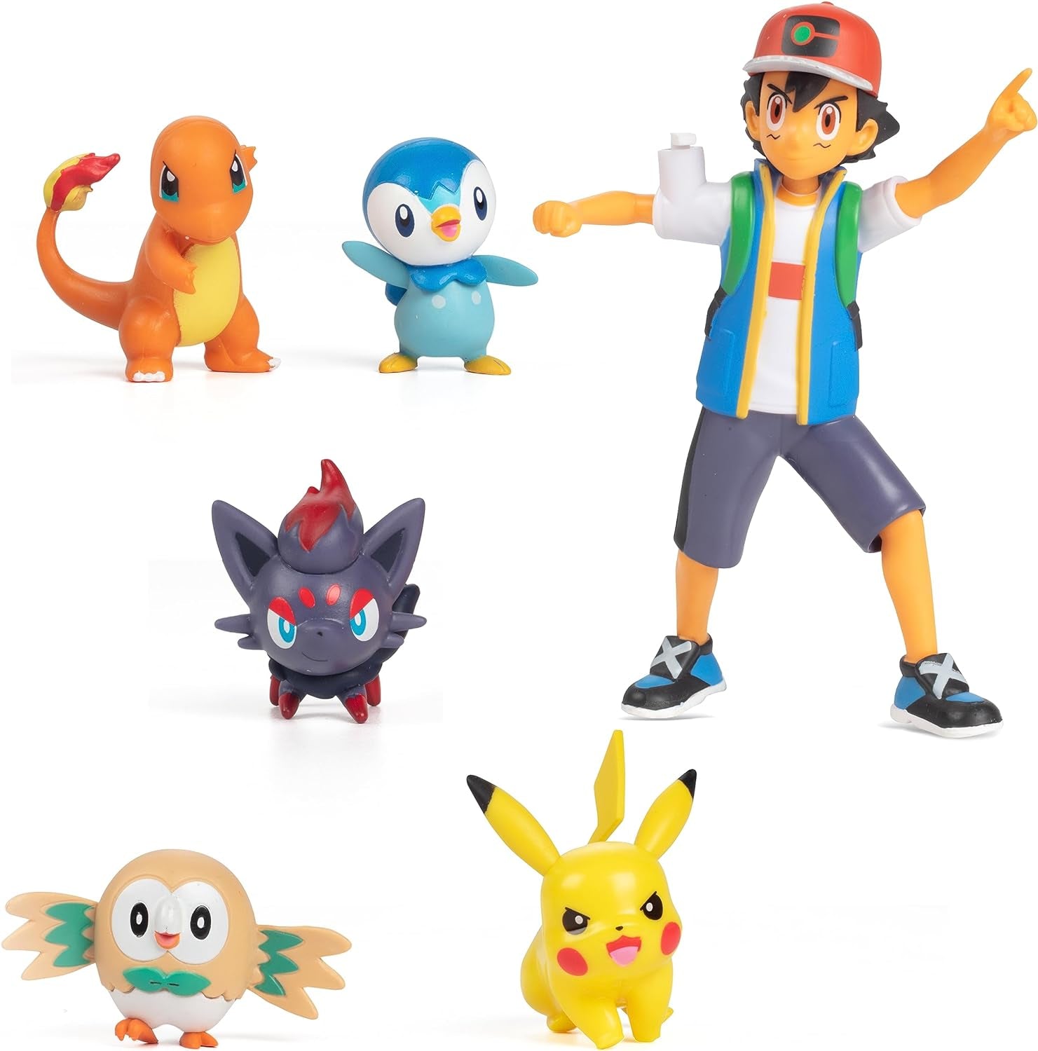 Bitwa Pokémon gotowa! 6-częściowy zestaw figurek - 11,4 cm Ash i wystrzeliwujący Pikachu, 5,1 cm Charmander, Rowlet, Piplup, Zorua - Oficjalna licencja - Prezent wielkanocny dla dzieci, chłopców i dziewcząt Figurki Naty Shop