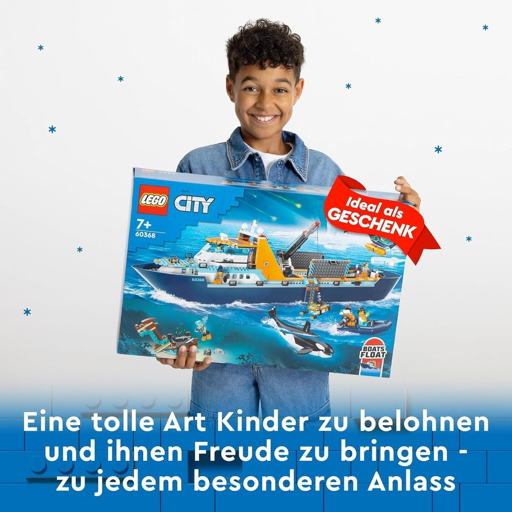 LEGO City Arktyczny statek badawczy, duża pływająca łódź zabawkowa z helikopterem, ponton, łódź podwodna Rov, wrak Wikinga, 7 minifigurek i figurka orki, prezent dla dzieci w wieku od 7 lat 60368 Zestawy do budowania Kup w sklepie LEGO