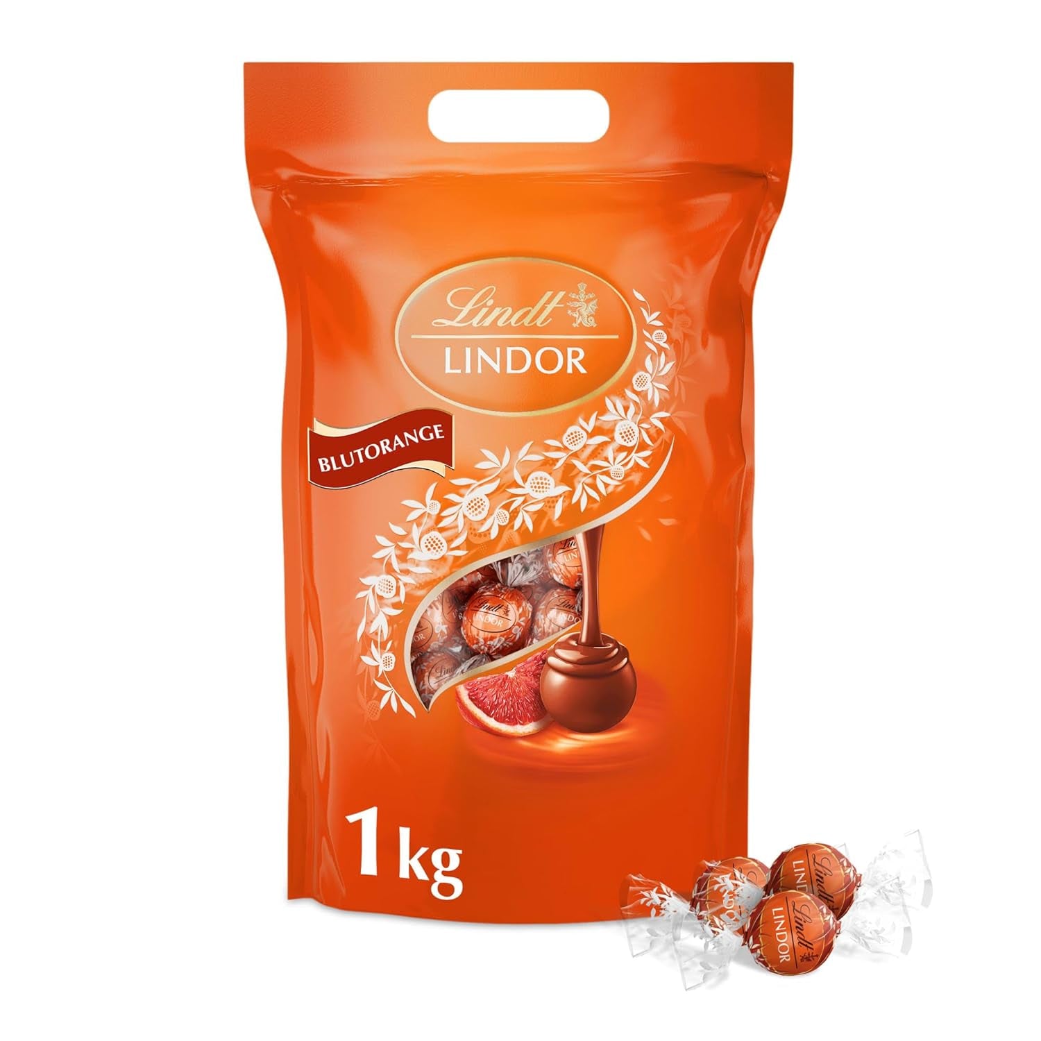 Lindt LINDOR Czerwone Pomarańczowe Kulki Czekoladowe | 1 kg zamykana torebka | ok. 80 cukierków czekoladowych z rozpływającym się w ustach nadzieniem | Opakowanie zbiorcze, prezent czekoladowy